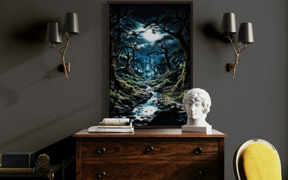 Gothic Dark Moonlit Forest Framed Canvas Wall Art