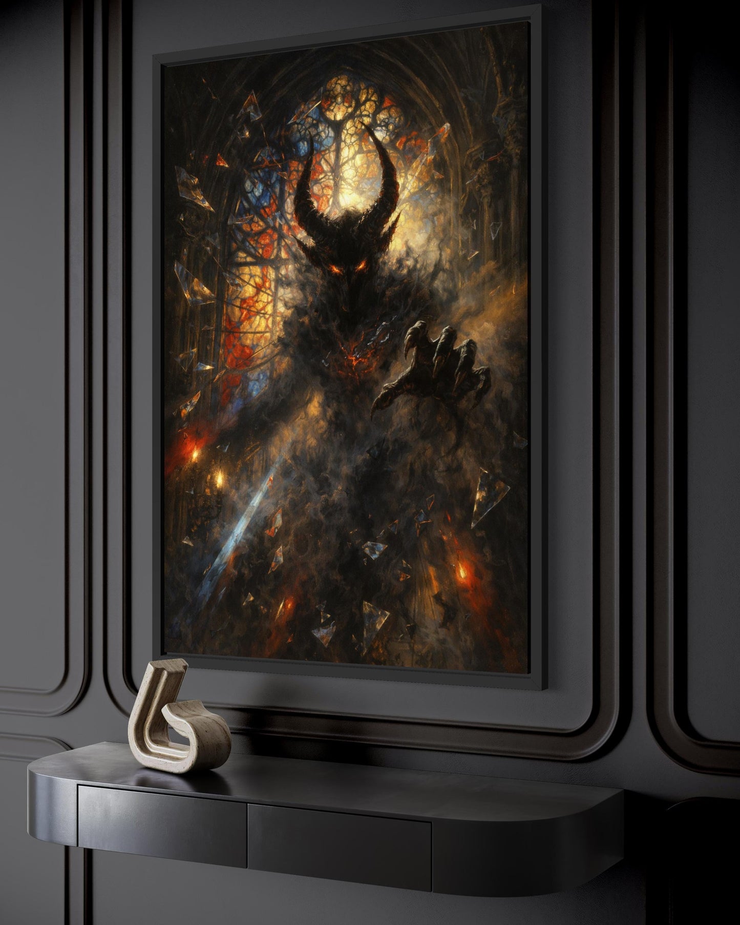Gothic Demon Wall Art - Dark Fantasy Horned Creature Canvas Print for Man Cave