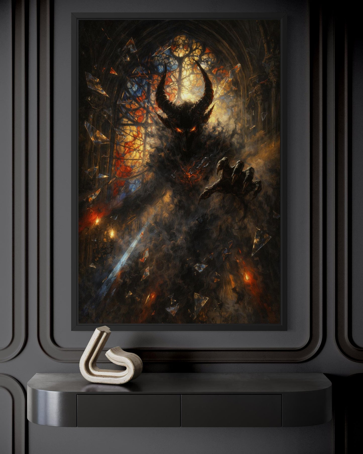 Gothic Demon Wall Art - Dark Fantasy Horned Creature Canvas Print for Man Cave