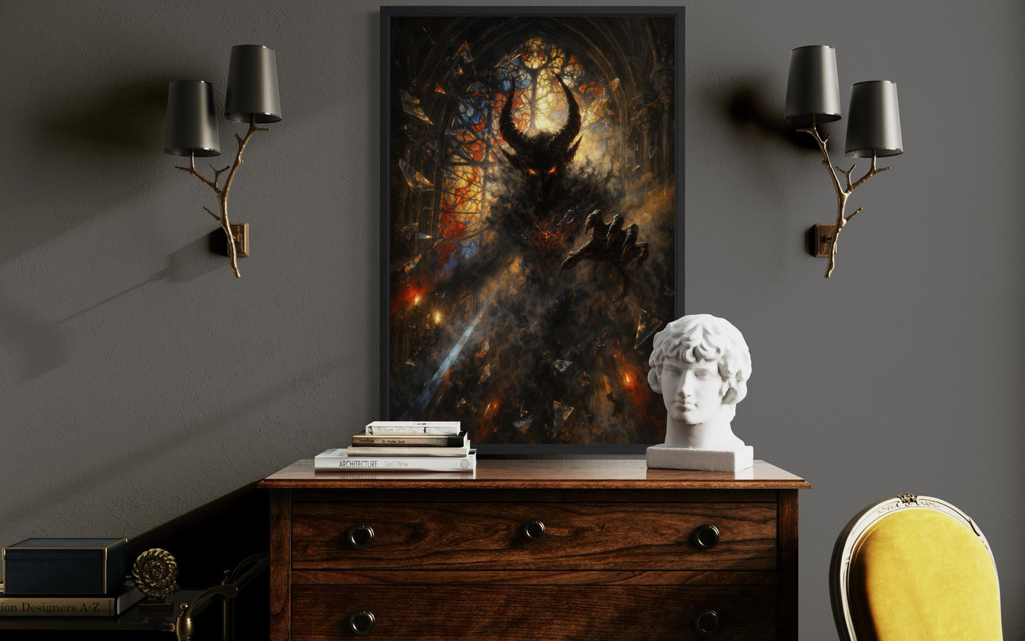 Gothic Demon Wall Art - Dark Fantasy Horned Creature Canvas Print for Man Cave