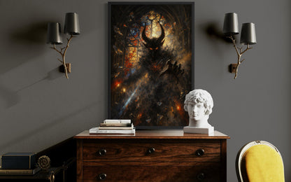 Gothic Demon Wall Art - Dark Fantasy Horned Creature Canvas Print for Man Cave