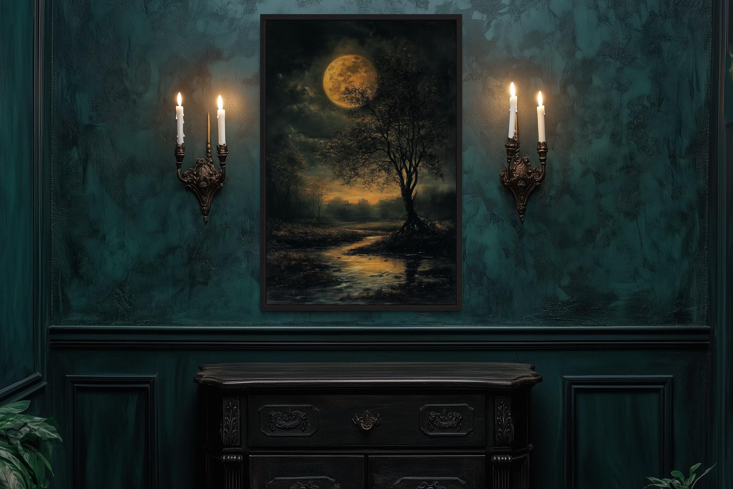 Gothic Full Moon Over Forest – Spooky Tree and Reflecting Water Landscape Halloween Wall Art