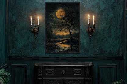 Gothic Full Moon Over Forest – Spooky Tree and Reflecting Water Landscape Halloween Wall Art