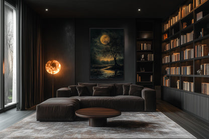 Gothic Full Moon Over Forest – Spooky Tree and Reflecting Water Landscape Halloween Wall Art