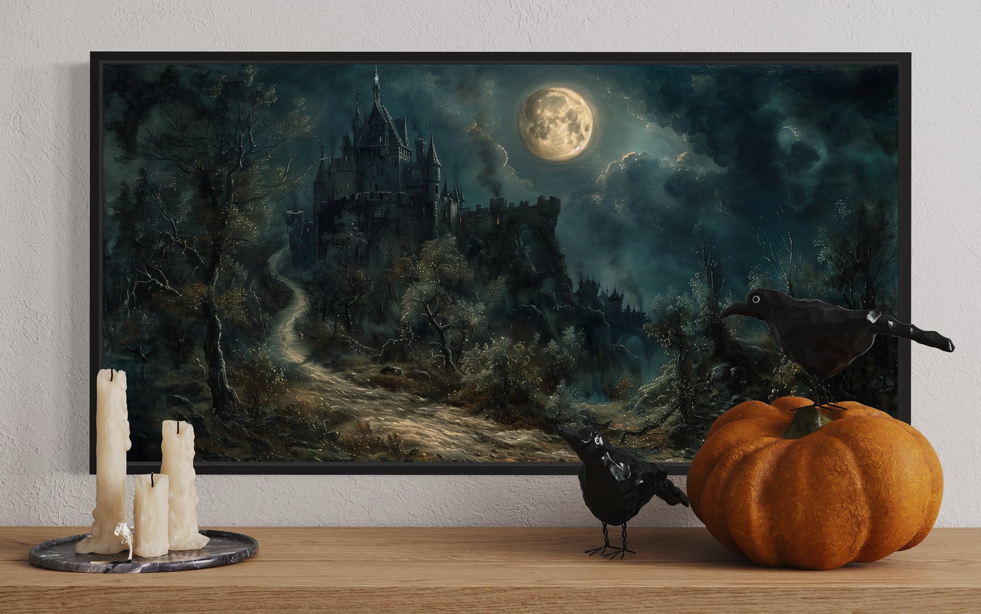 Gothic Haunted Dilapidated Castle Under Moon Dark Halloween Artwork Canvas Wall Art