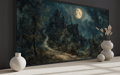 Gothic Haunted Dilapidated Castle Under Moon Dark Halloween Artwork Canvas Wall Art
