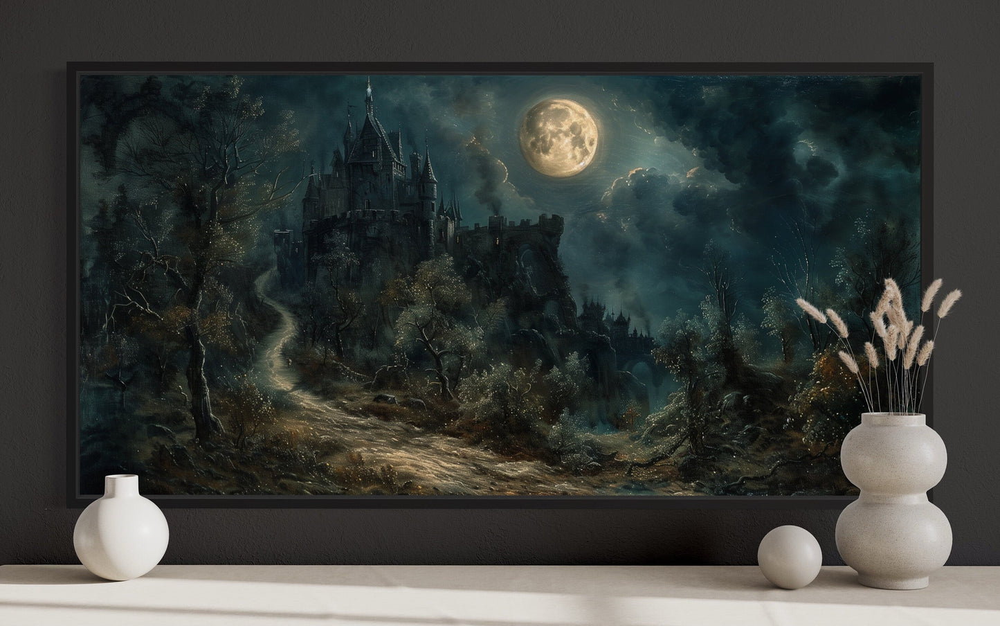 Gothic Haunted Dilapidated Castle Under Moon Dark Halloween Artwork Canvas Wall Art