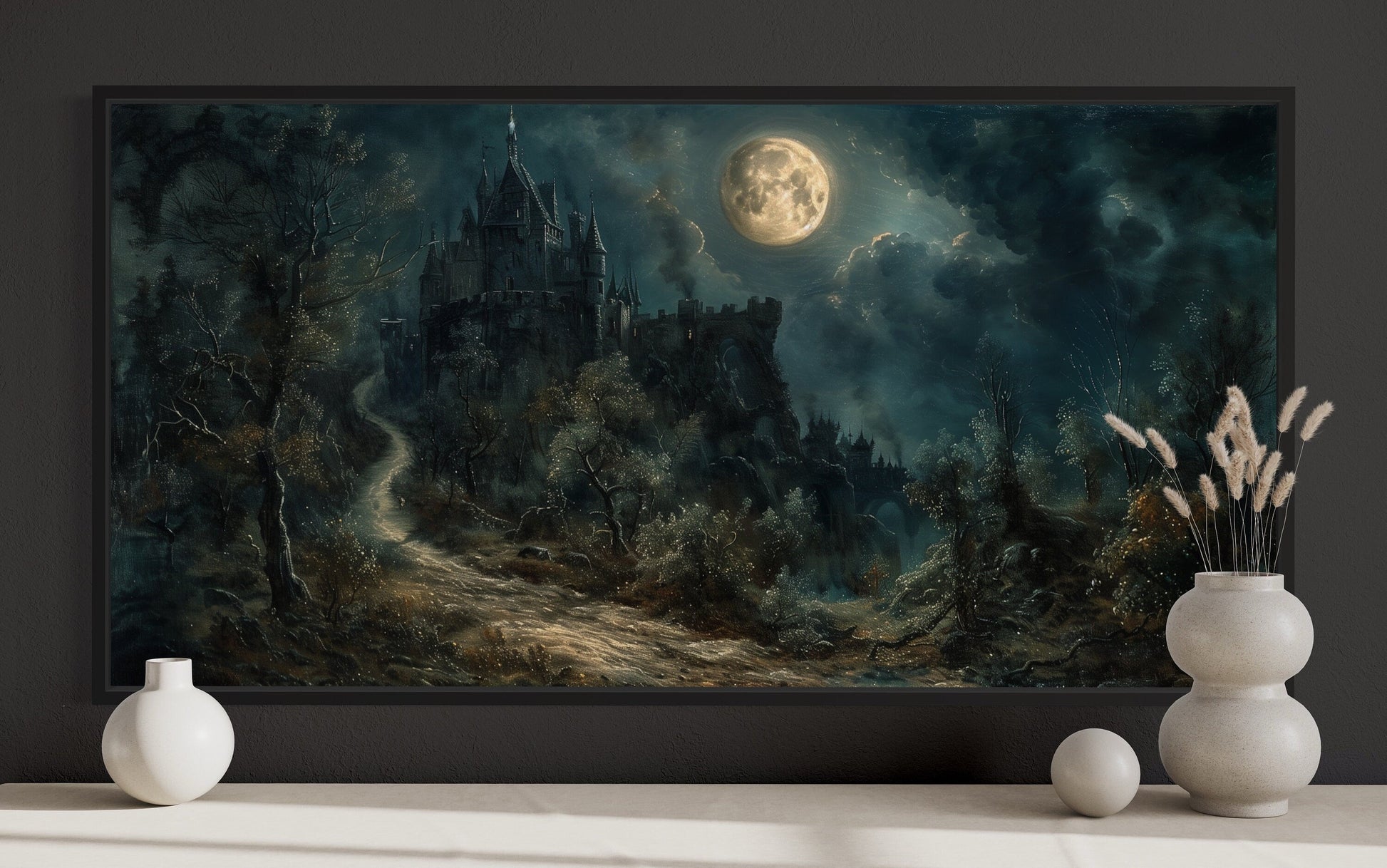 Gothic Haunted Dilapidated Castle Under Moon Dark Halloween Artwork Canvas Wall Art