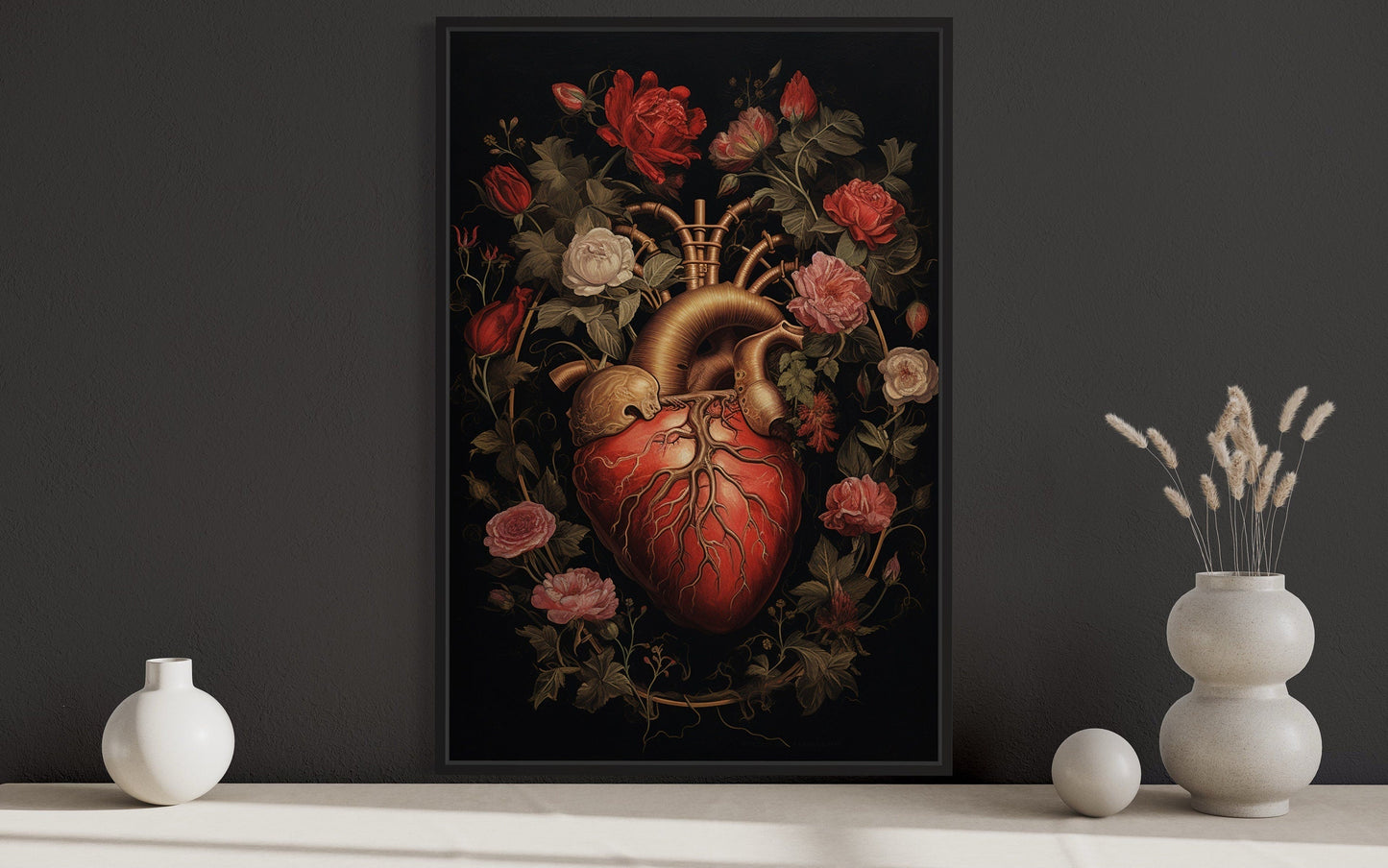 Gothic Human Heart And Flowers Dark Academia Framed Canvas Wall Art