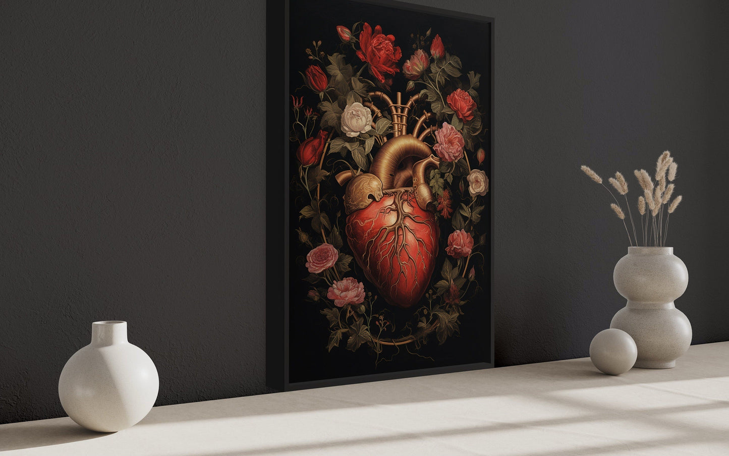 Gothic Human Heart And Flowers Dark Academia Framed Canvas Wall Art