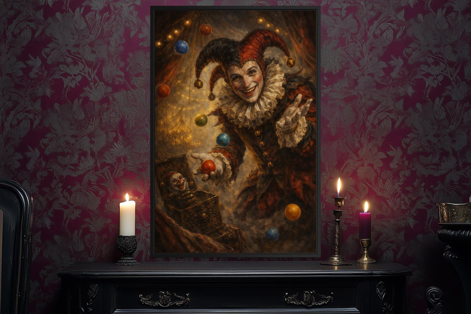 Gothic Jester Wall Art, Dark Circus Joker Canvas Print