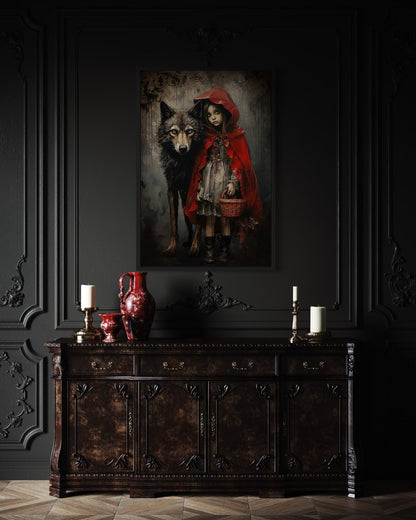 Gothic Little Red Riding Hood And Wolf Framed Canvas Wall Art