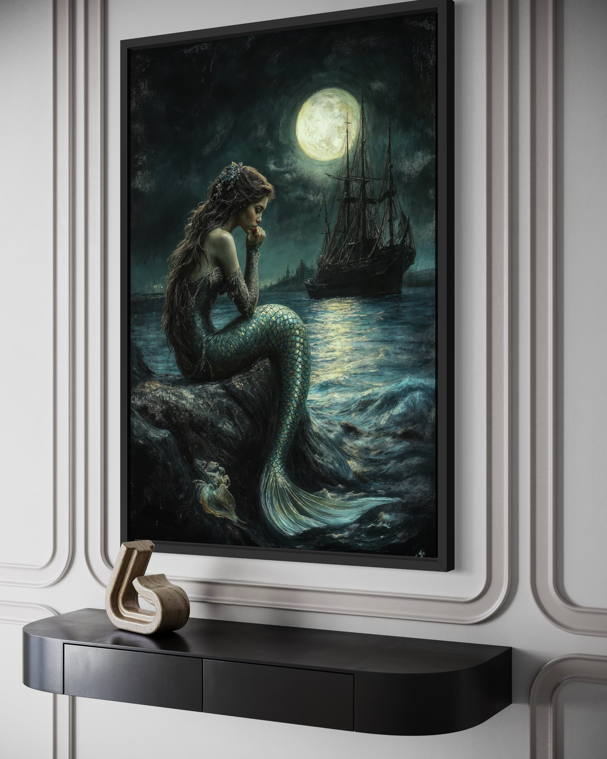 Gothic Mermaid - Dark Ocean Fantasy with Full Moon and Pirate Ship Wall Art