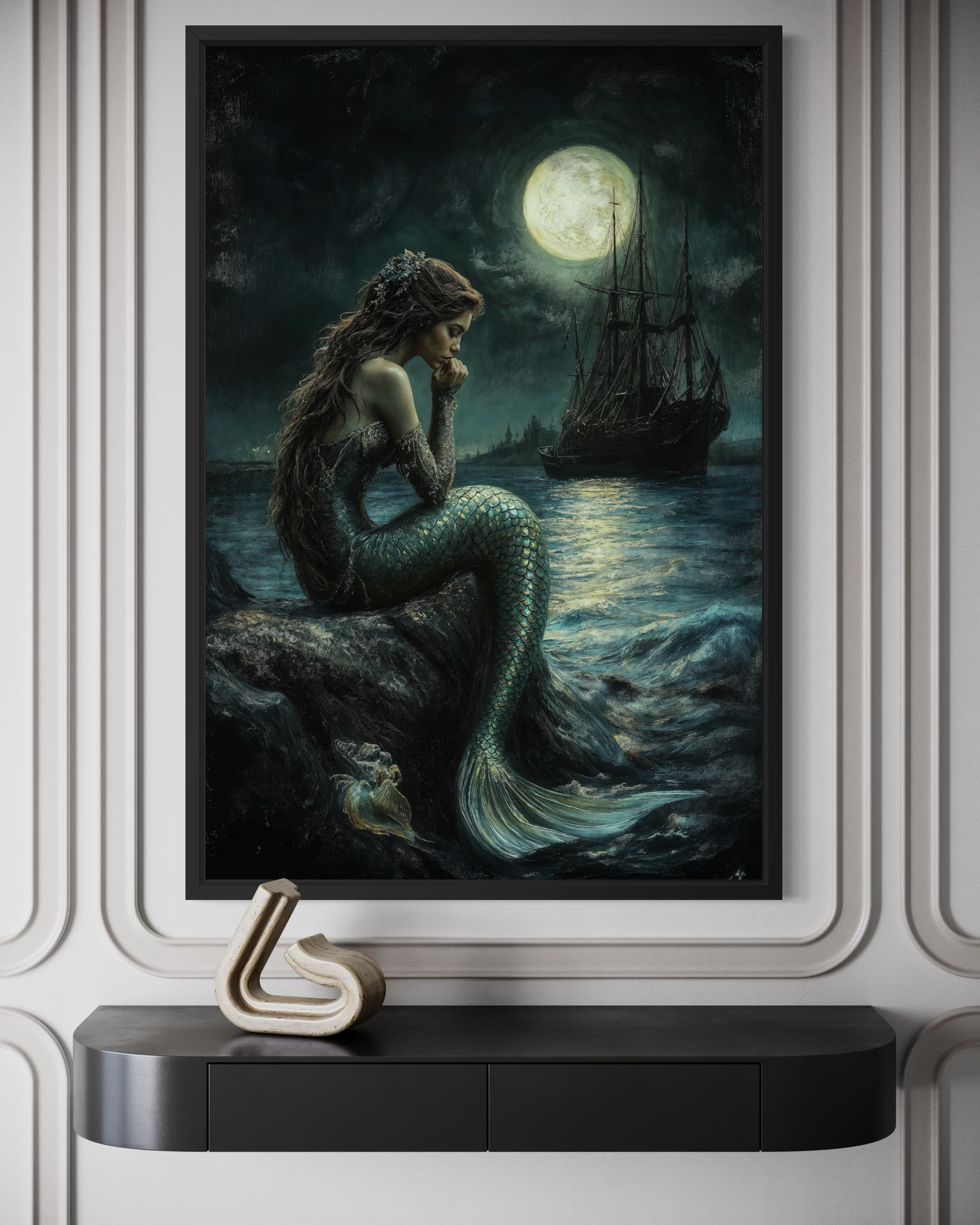 Gothic Mermaid - Dark Ocean Fantasy with Full Moon and Pirate Ship Wall Art