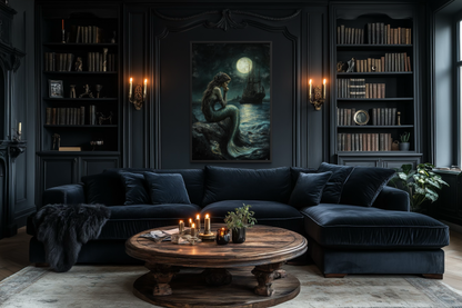 Gothic Mermaid - Dark Ocean Fantasy with Full Moon and Pirate Ship Wall Art