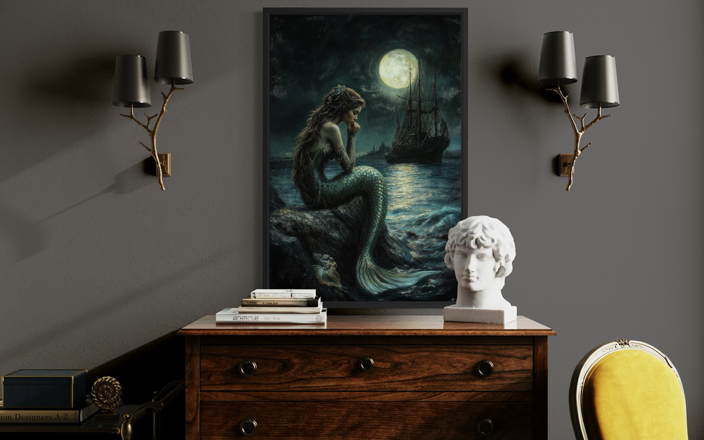 Gothic Mermaid - Dark Ocean Fantasy with Full Moon and Pirate Ship Wall Art