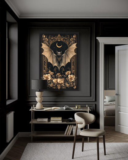 Gothic Moonlit Bat And Flowers Dark Academia Canvas Wall Art