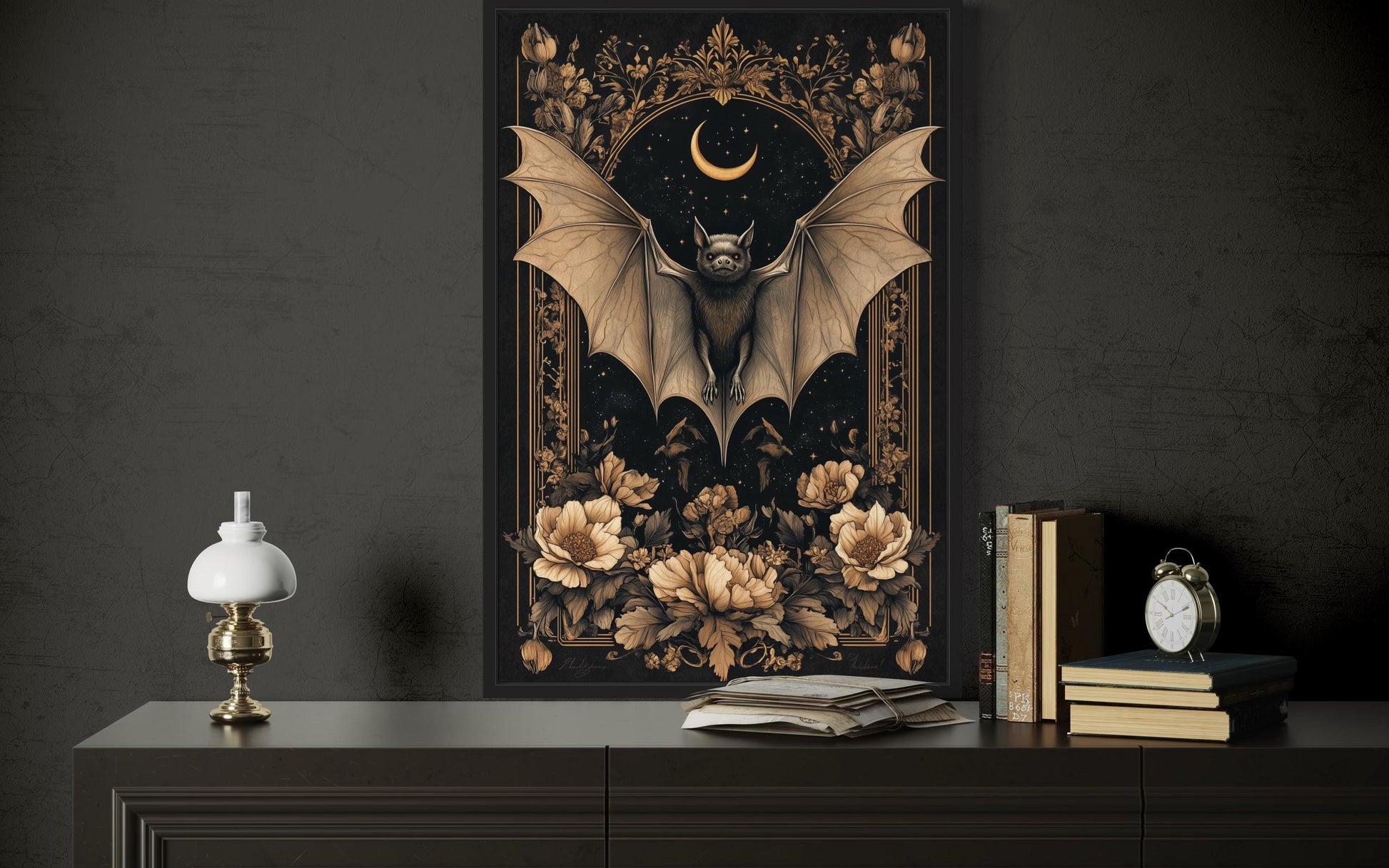 Gothic Moonlit Bat And Flowers Dark Academia Canvas Wall Art
