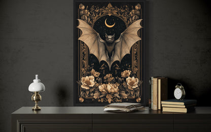 Gothic Moonlit Bat And Flowers Dark Academia Canvas Wall Art