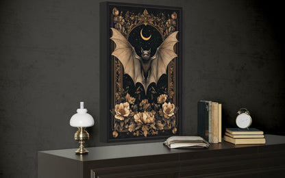 Gothic Moonlit Bat And Flowers Dark Academia Canvas Wall Art