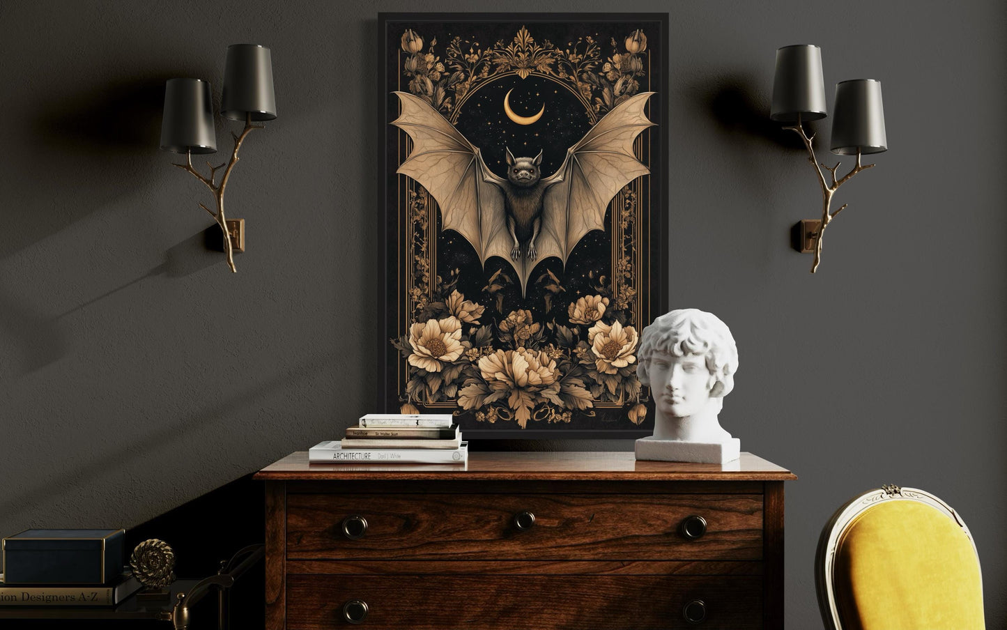 Gothic Moonlit Bat And Flowers Dark Academia Canvas Wall Art