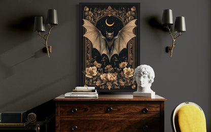 Gothic Moonlit Bat And Flowers Dark Academia Canvas Wall Art