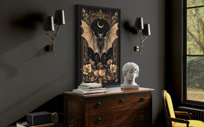 Gothic Moonlit Bat And Flowers Dark Academia Canvas Wall Art
