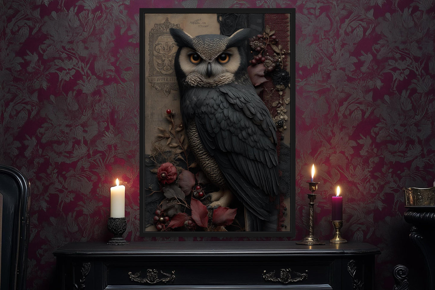 Gothic Owl With Flowers Canvas Wall Art