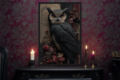 Gothic Owl With Flowers Canvas Wall Art