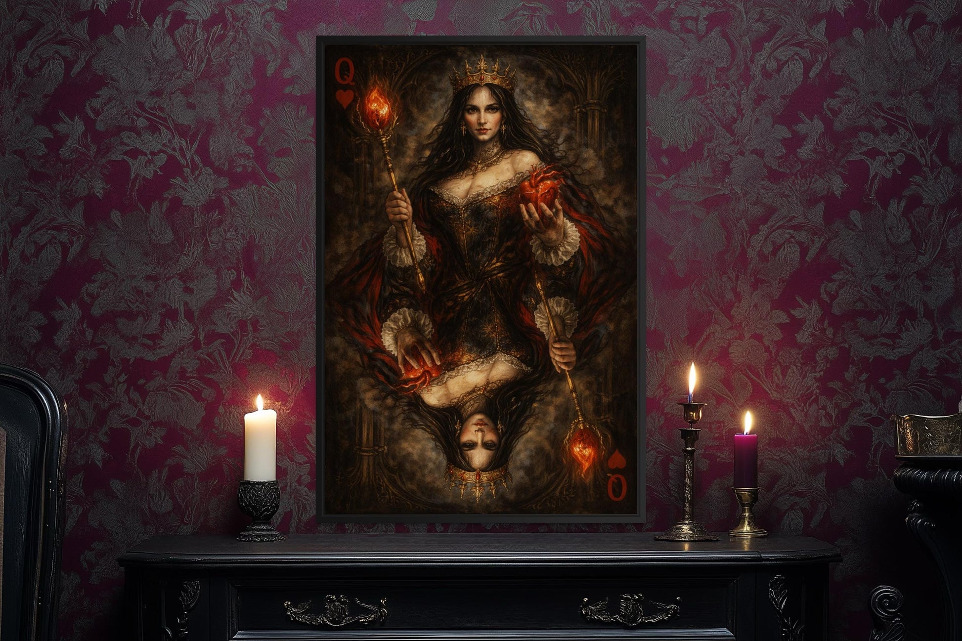 Gothic Queen Of Hearts Wall Art, Dark Royal Playing Card Canvas Print