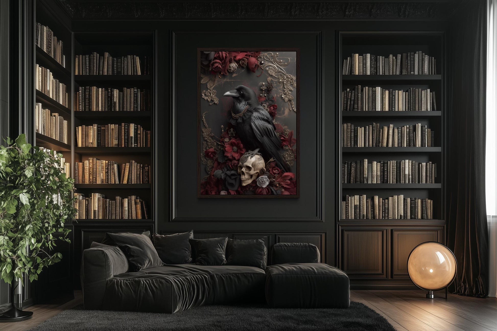 Gothic Raven With Skull And Red Flowers Canvas Wall Art