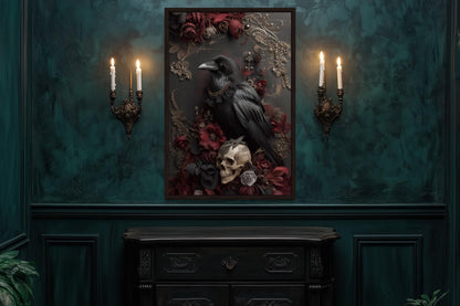 Gothic Raven With Skull And Red Flowers Canvas Wall Art