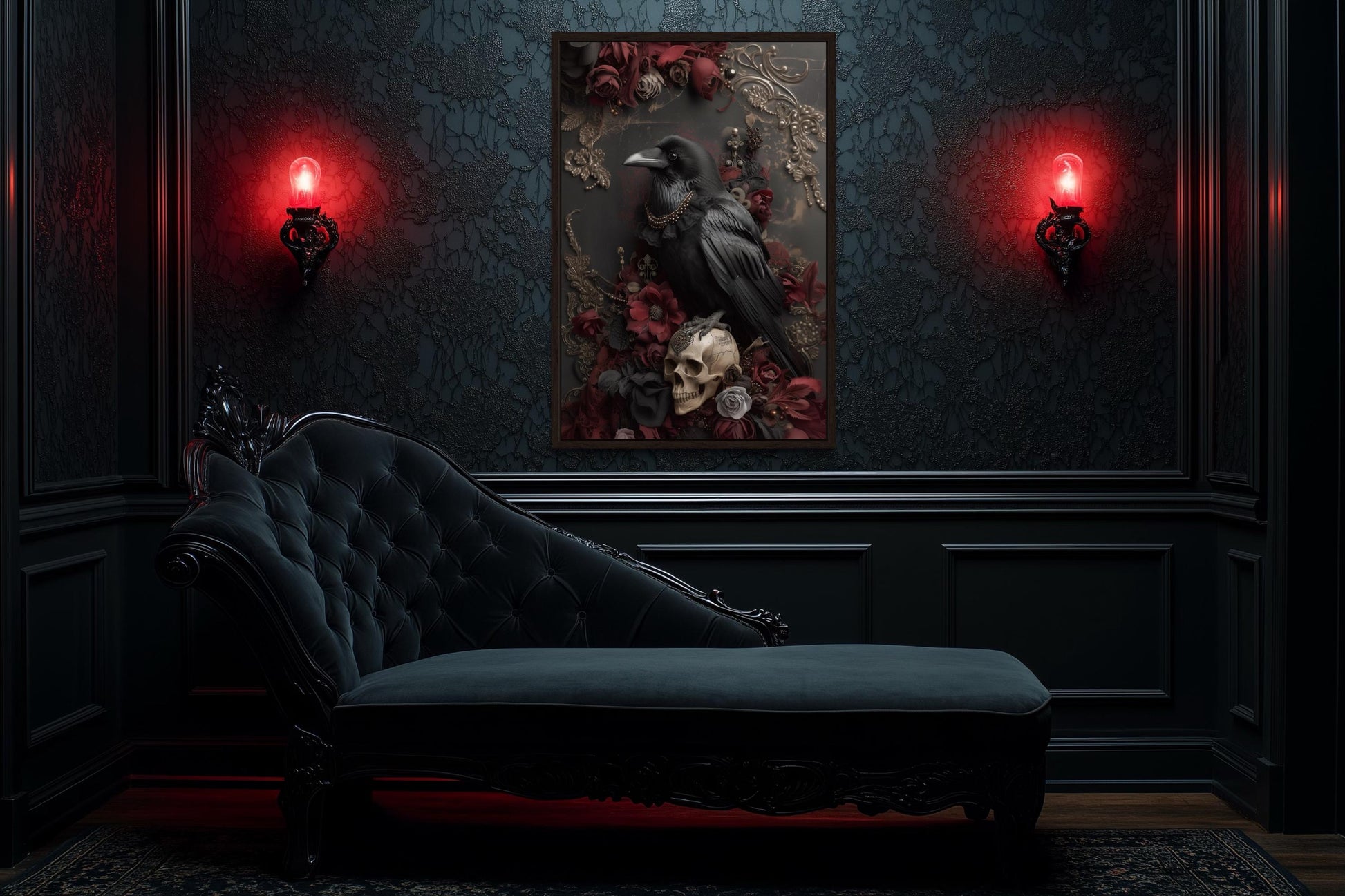 Gothic Raven With Skull And Red Flowers Canvas Wall Art