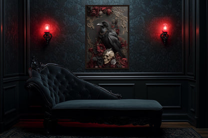 Gothic Raven With Skull And Red Flowers Canvas Wall Art