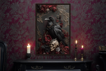 Gothic Raven With Skull And Red Flowers Canvas Wall Art