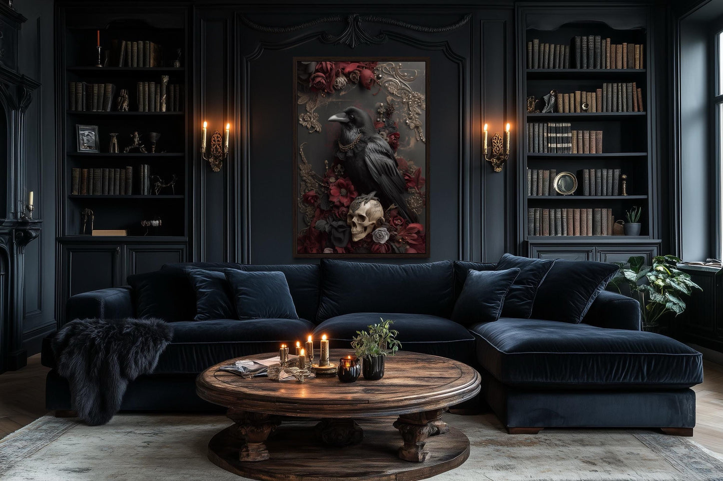 Gothic Raven With Skull And Red Flowers Canvas Wall Art