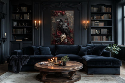 Gothic Raven With Skull And Red Flowers Canvas Wall Art