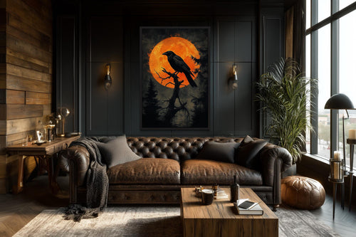 Gothic Raven on Twisted Tree with Orange Blood Moon Canvas Wall Art