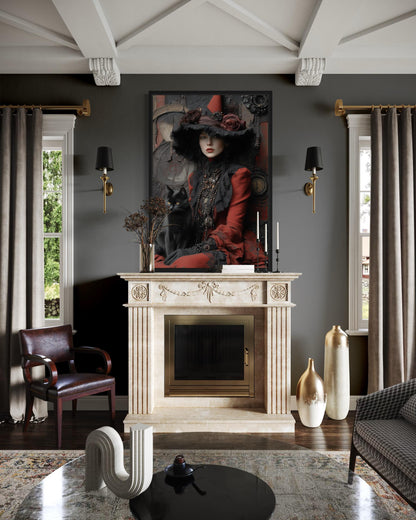 Gothic Red Witch With Black Cat Canvas Wall Art