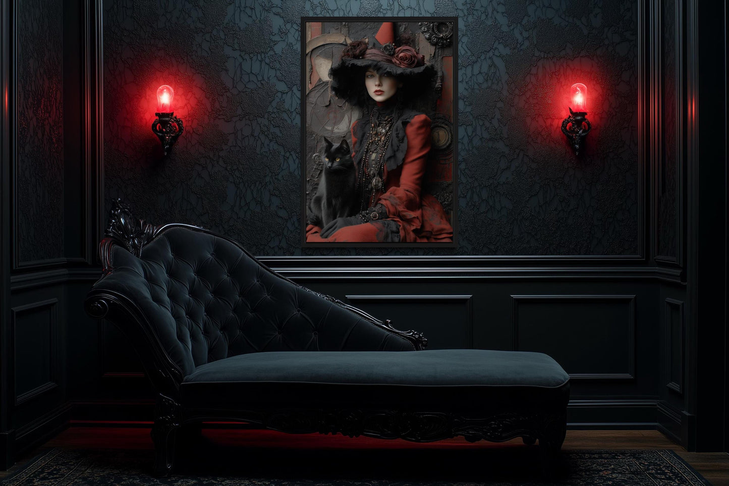 Gothic Red Witch With Black Cat Canvas Wall Art