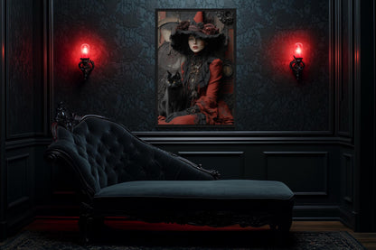 Gothic Red Witch With Black Cat Canvas Wall Art