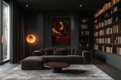 Gothic Vampire Queen Wall Art - Dark Academia Canvas Vampire Print | Victorian Library Decor