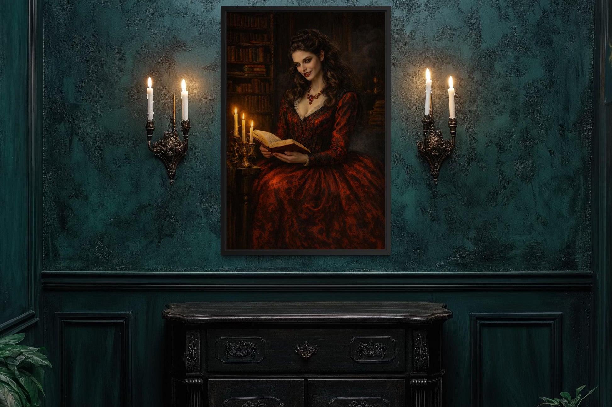 Gothic Vampire Queen Wall Art - Dark Academia Canvas Vampire Print | Victorian Library Decor