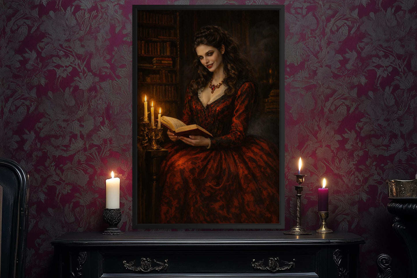 Gothic Vampire Queen Wall Art - Dark Academia Canvas Vampire Print | Victorian Library Decor