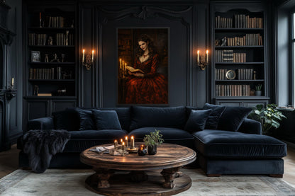 Gothic Vampire Queen Wall Art - Dark Academia Canvas Vampire Print | Victorian Library Decor