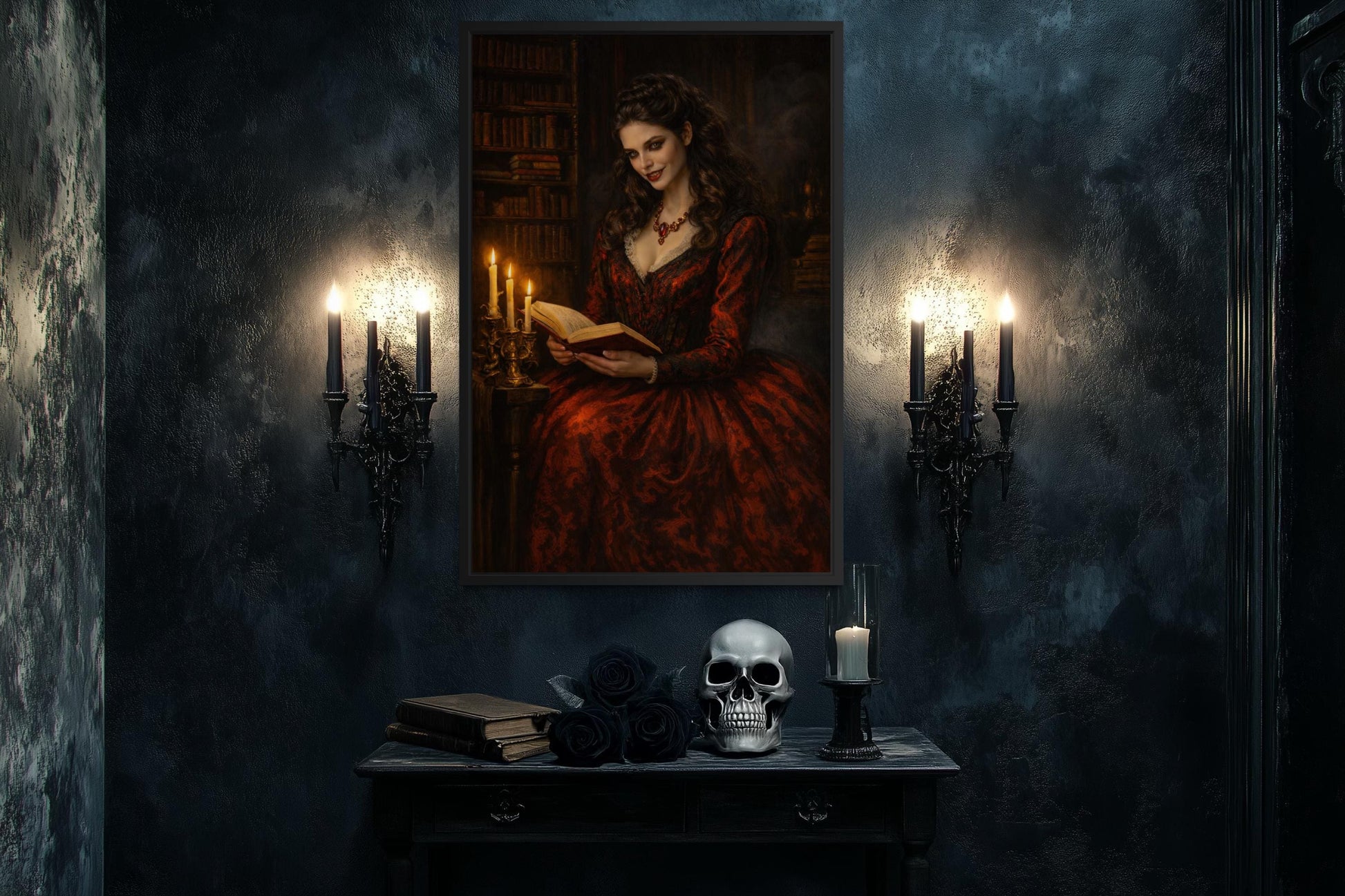 Gothic Vampire Queen Wall Art - Dark Academia Canvas Vampire Print | Victorian Library Decor