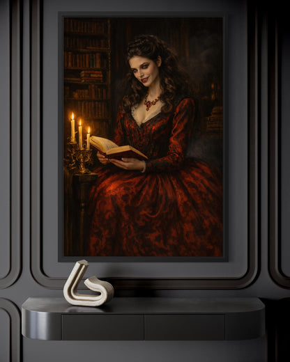Gothic Vampire Queen Wall Art - Dark Academia Canvas Vampire Print | Victorian Library Decor
