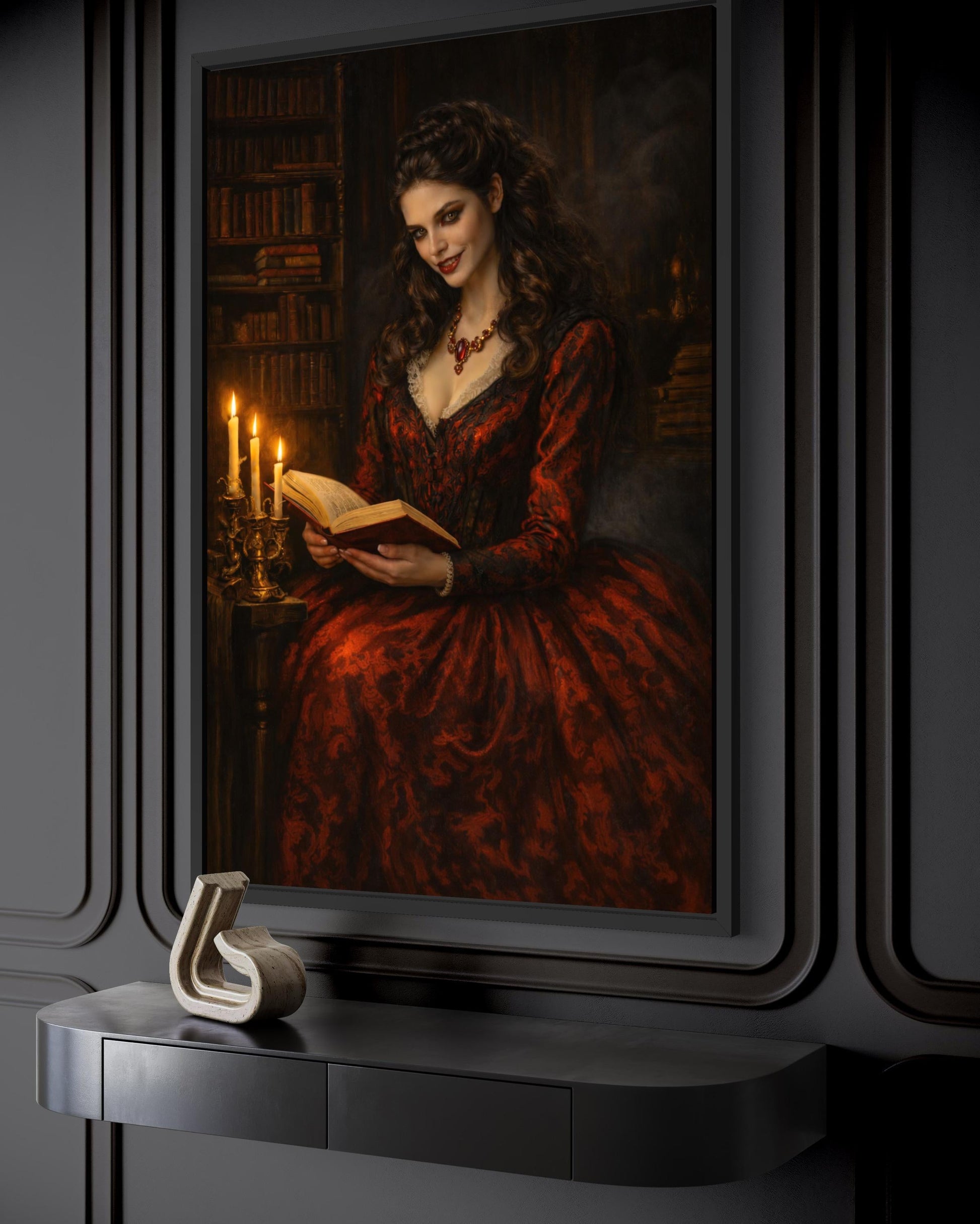 Gothic Vampire Queen Wall Art - Dark Academia Canvas Vampire Print | Victorian Library Decor