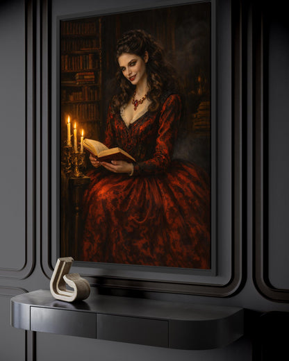 Gothic Vampire Queen Wall Art - Dark Academia Canvas Vampire Print | Victorian Library Decor