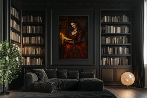 Gothic Vampire Queen Wall Art - Dark Academia Canvas Vampire Print | Victorian Library Decor